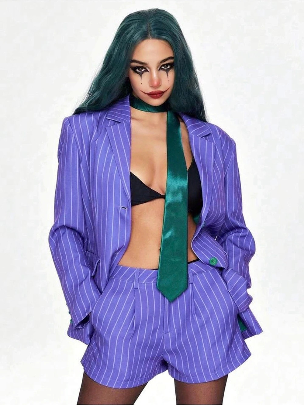 Female Joker Purple Pinstripe Blazer Shorts Set with tie costume